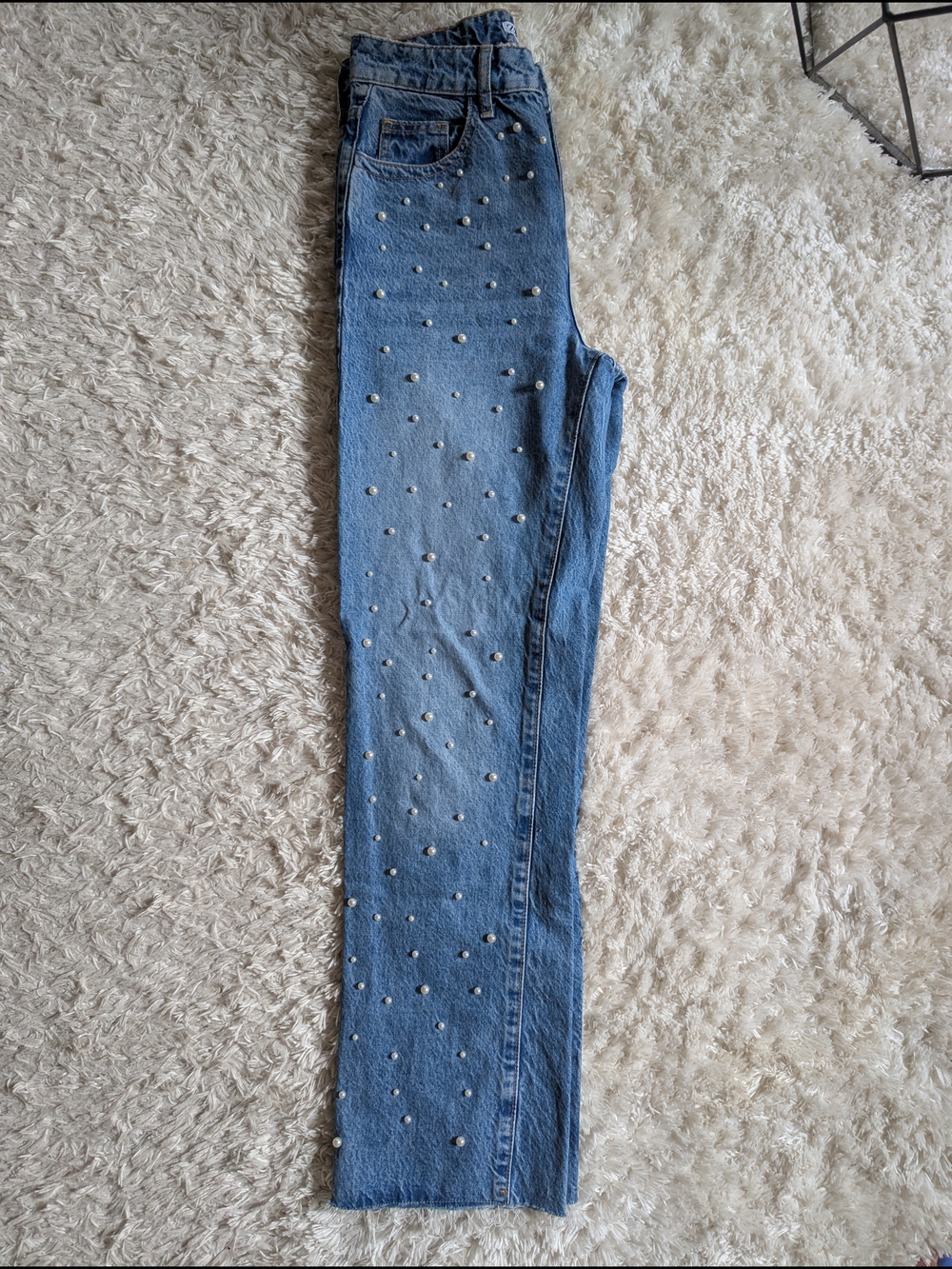 Zara High Waist Blue Pearl-Studded Straight Leg Jeans - Picture 8 of 9